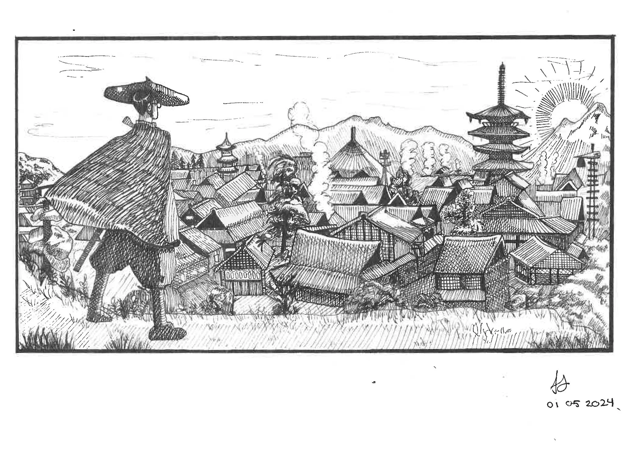 A detailed black-and-white sketch of Blue Eye Samurai illustration
