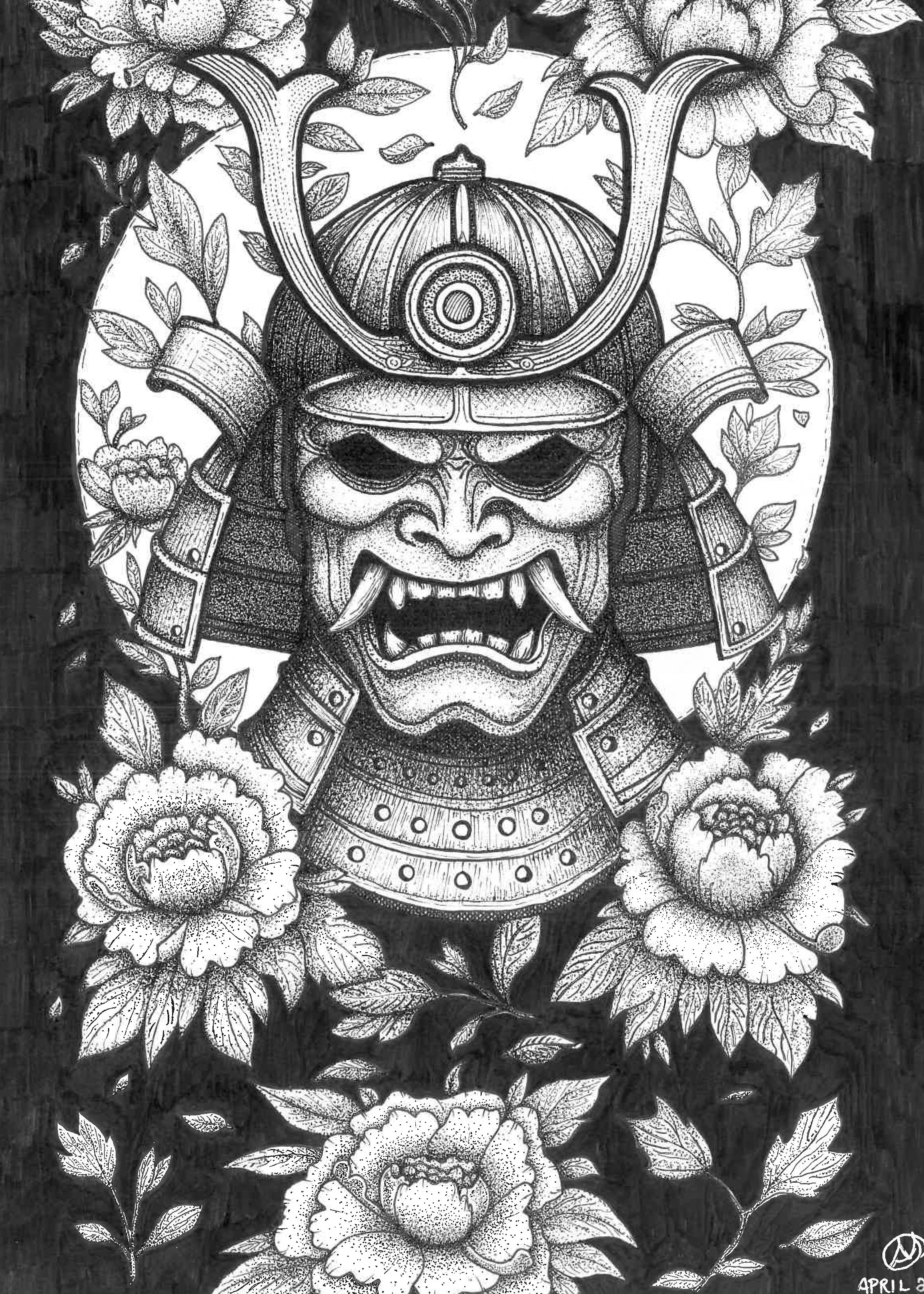Black and white illustration of a fierce samurai warrior wearing traditional armor and helmet, with a menacing expression, surrounded by blooming peonies and leaves.
