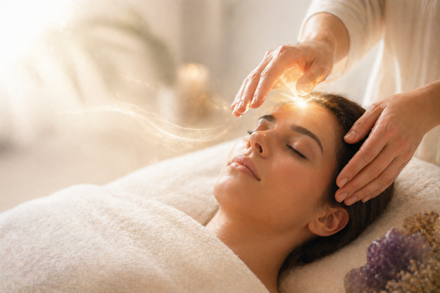 Relaxing wellness atmosphere with Reiki and crystal therapy.