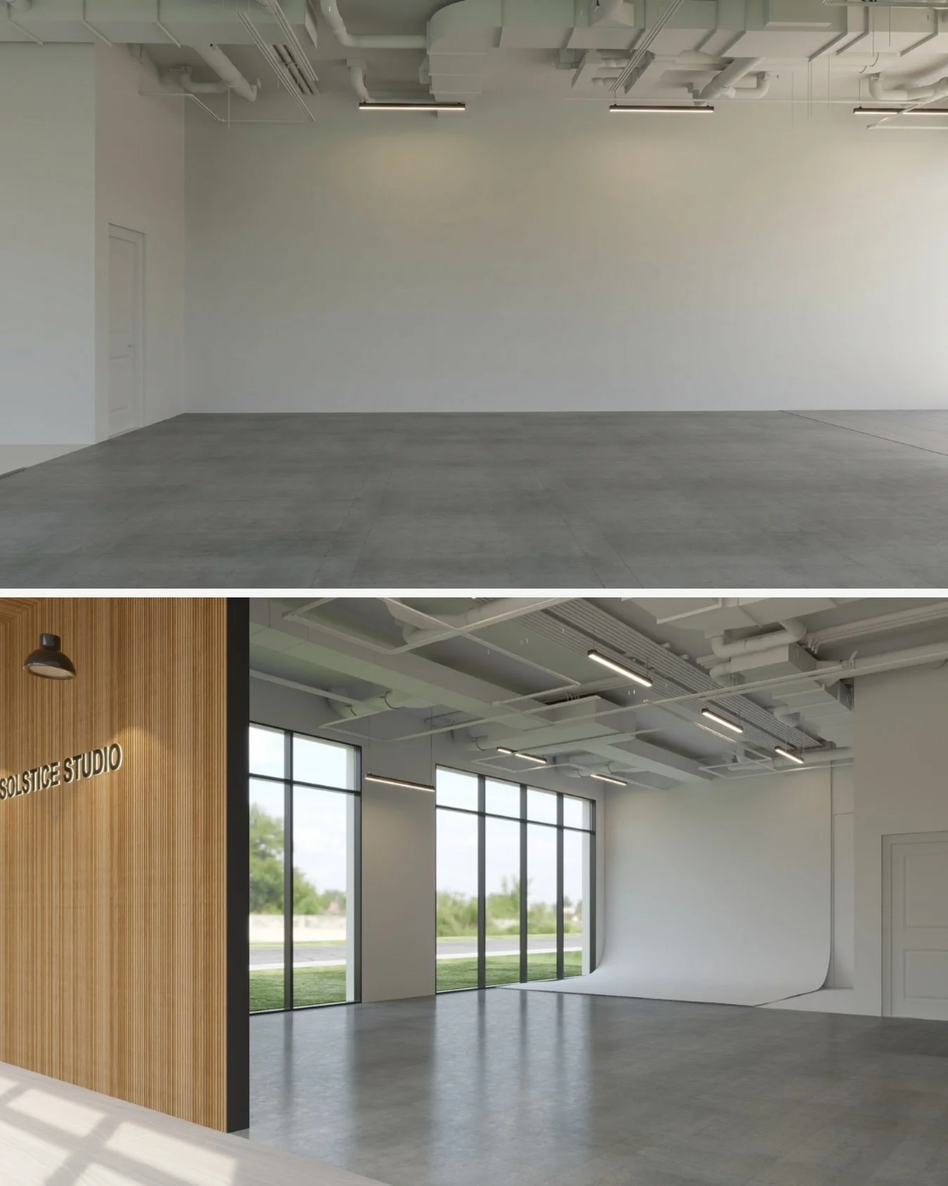 Part 2 of our rendering ✨
In addition to the panel wall and wood flooring in the front, our main studio area will feature polished concrete with a 23 ft wide wall designed for draping and curtains&mdash;perfect for seasonal setups and versatile backd