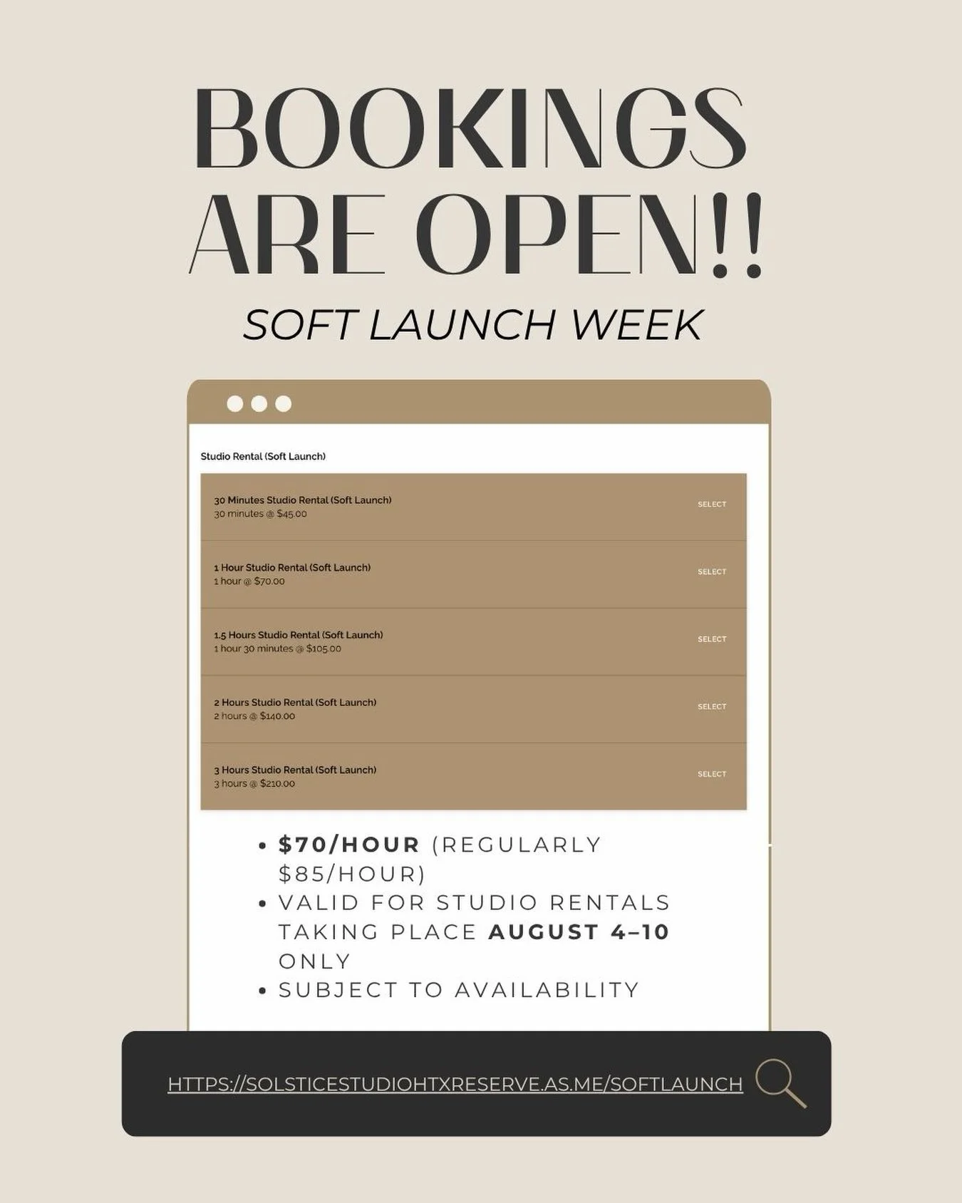 Soft Launch Week is here! ☀️

Before our official grand opening, we&rsquo;re opening the studio for a limited number of rentals at $70/hour (regularly $85/hour).

✔️ Valid for sessions taking place during Soft Launch Week only
✔️ Available for rental