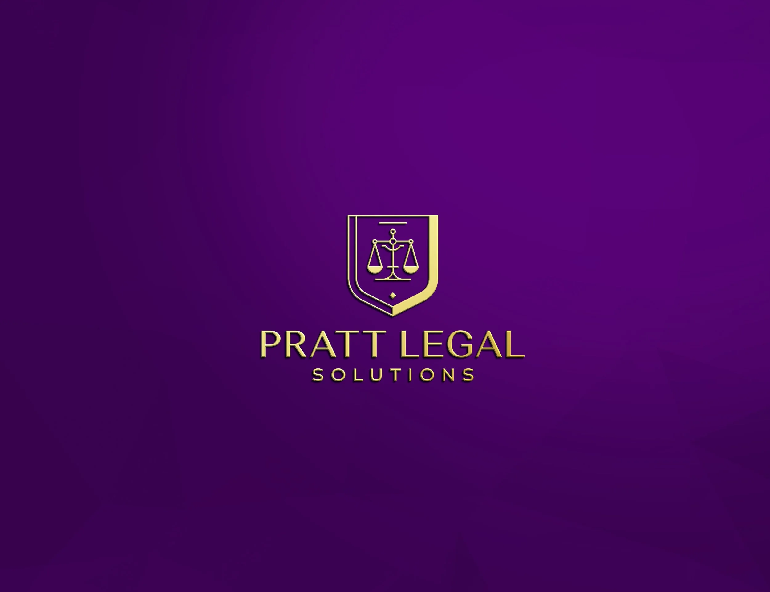 Purple background with a gold logo of a shield featuring a scales of justice inside, and the text 'Pratt Legal Solutions' in gold beneath the logo.