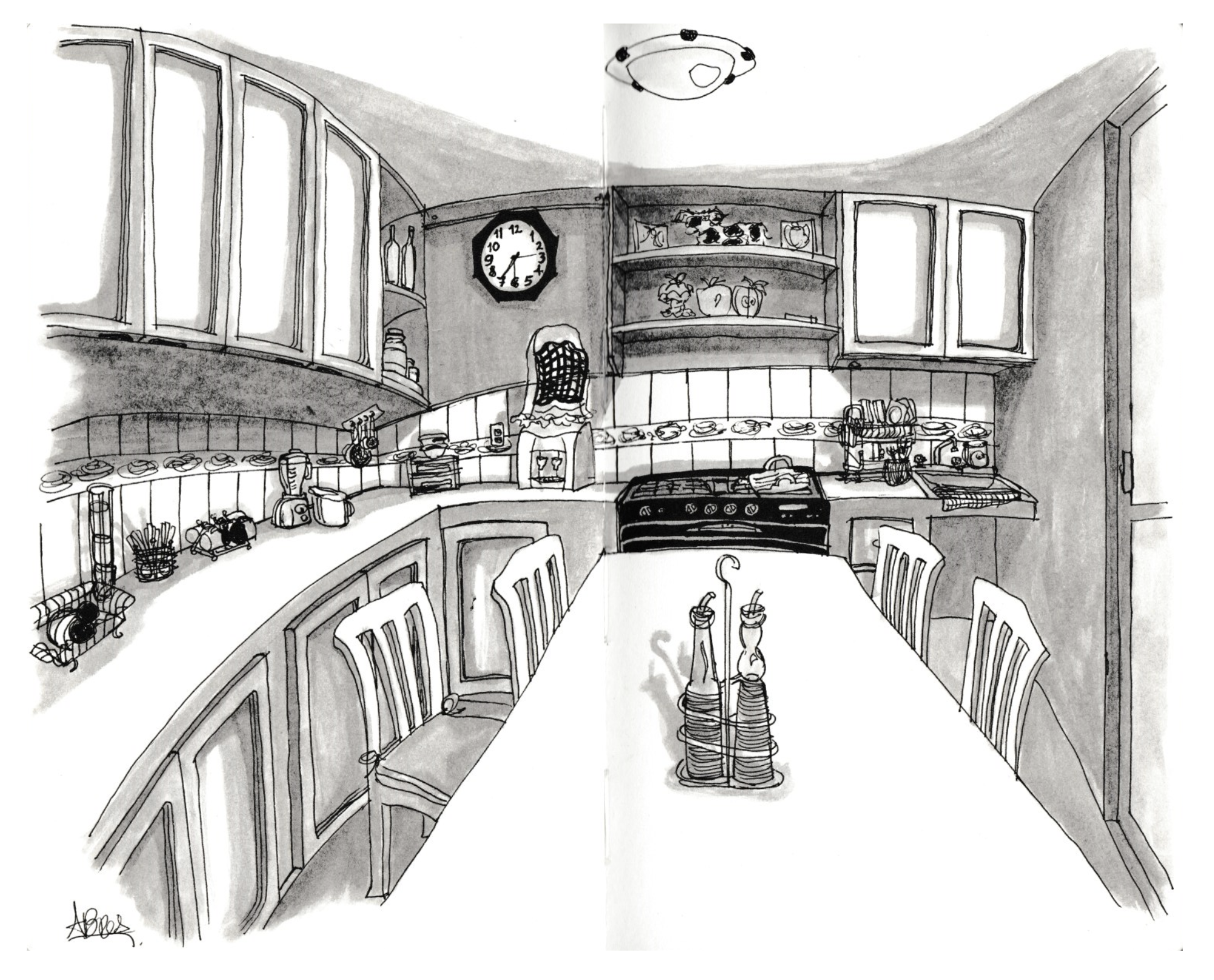 Black and white sketch of a cozy kitchen with upper and lower cabinets, a stove, a round dining table with chairs, cabinets and shelves with decorative items, a clock on the wall, and a ceiling light fixture.