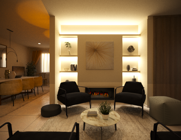 Modern living room with a glowing built-in shelf, two black armchairs, a round marble coffee table with a plant and books, and an electric fireplace under artwork, in an elegantly decorated space.