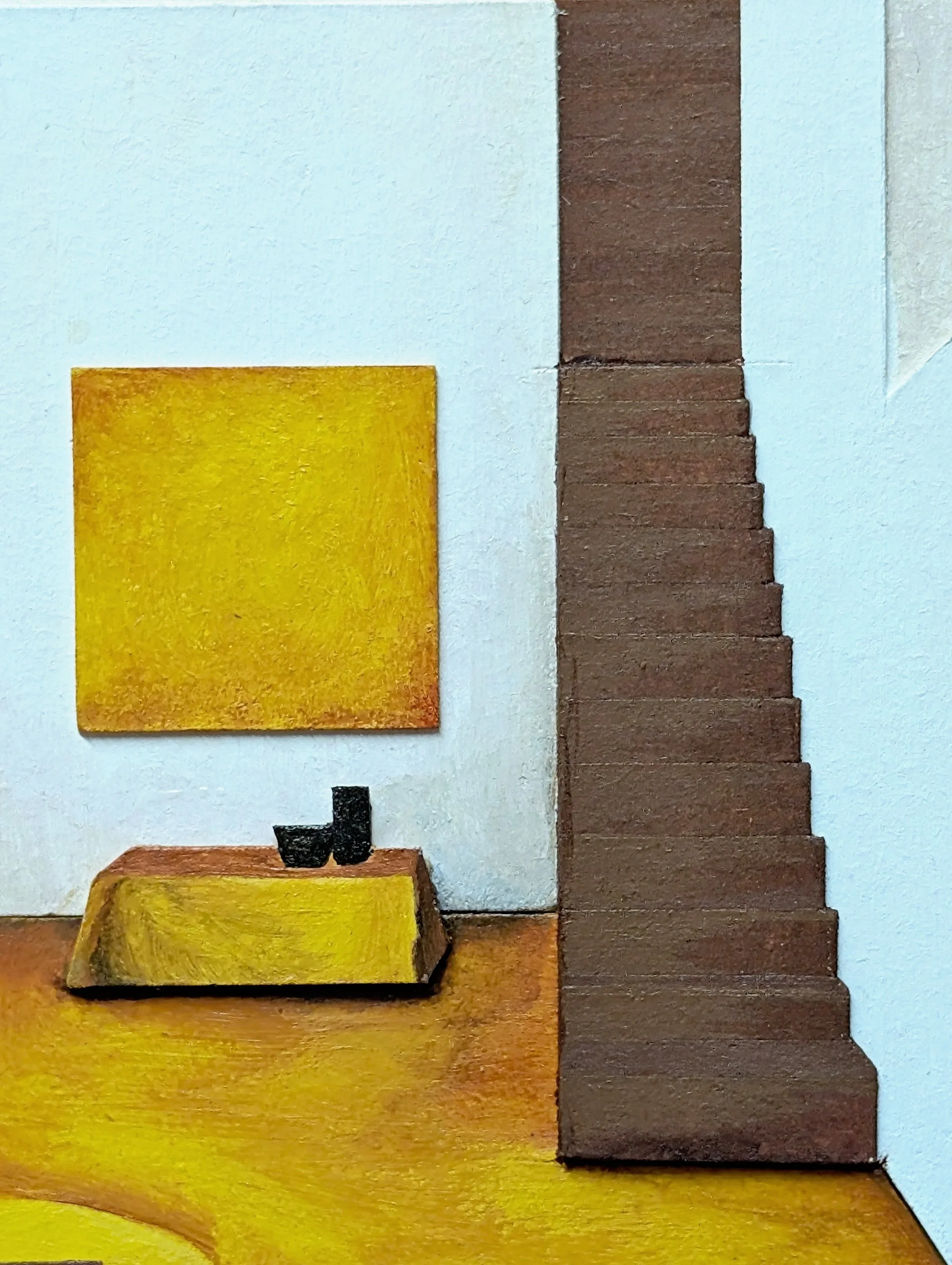 A still life painting featuring a yellow-sided table with a small black cup, a large yellow rectangular object or canvas leaning against the white wall, and a tall brown staircase on the right. The background is white with a light blue shadow on the right.