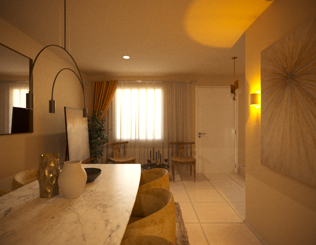 Living and dining room with marble table, yellow chairs, wall-mounted lights, large window with curtains, and artwork on the wall.