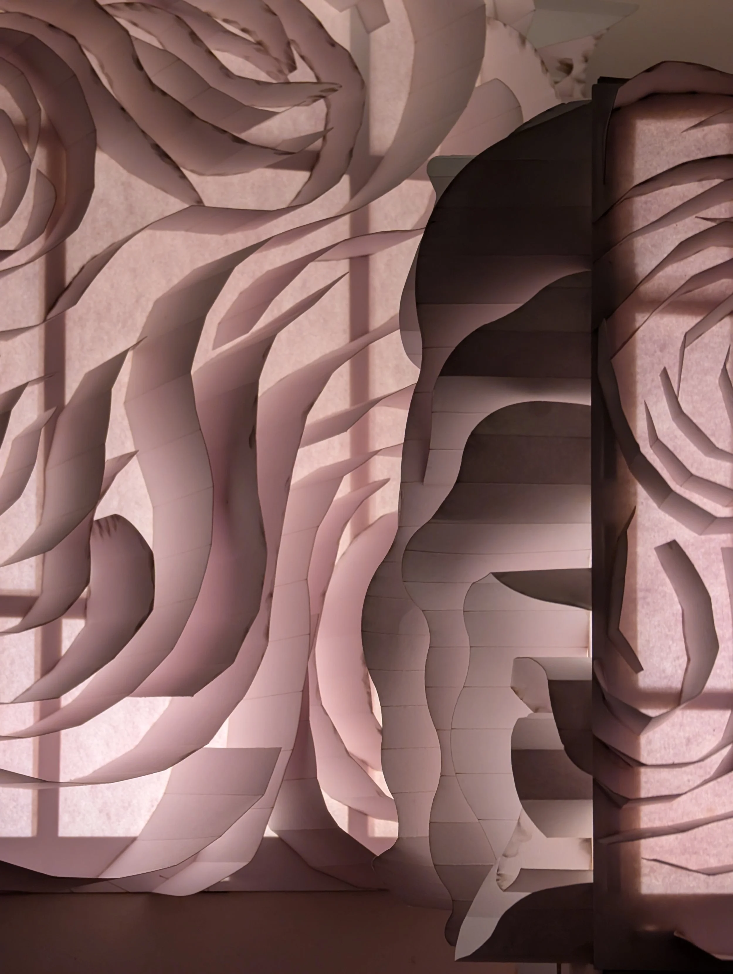 Close-up of layered paper or cardboard cutouts with curved shapes, creating a textured, abstract pattern with shadows and depth.