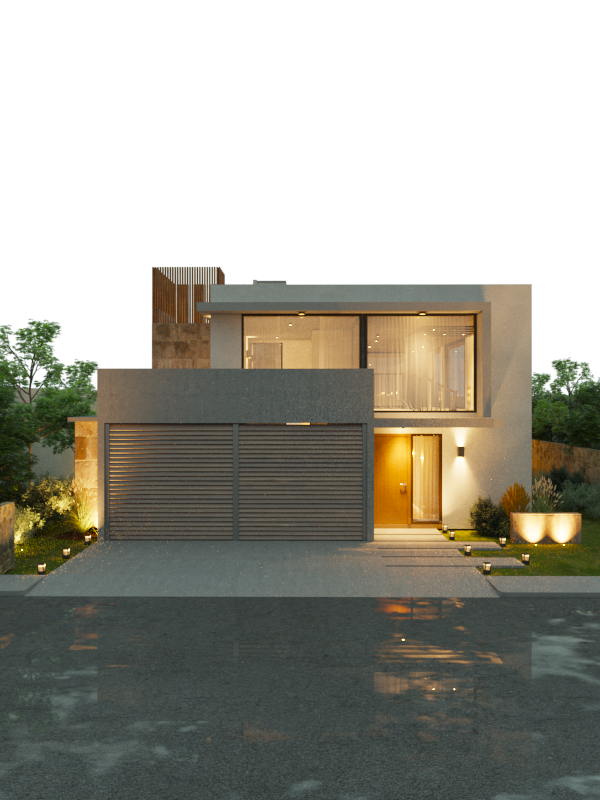 Modern two-story house with large windows and a garage, surrounded by landscaped garden with pathway and outdoor lighting at night.