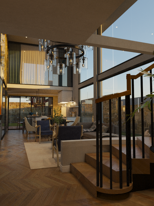 Interior view of a modern home with an open-concept living and dining area, large floor-to-ceiling windows, a circular chandelier, staircase with black railings and wooden steps, and contemporary furniture.