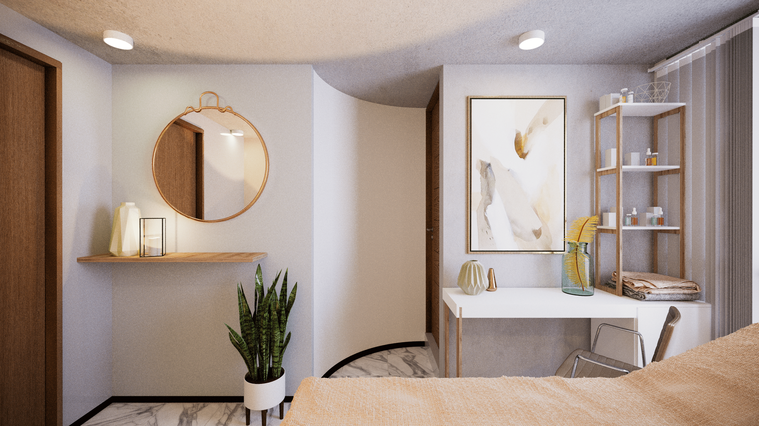 A modern interior bedroom corner with a hanging round mirror, wooden shelf with decorative items, potted plant, abstract wall art, and a white table with a glass vase and yellow plant. A wooden bookshelf holds bottles and towels.