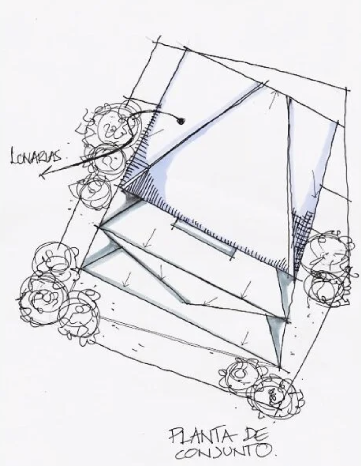 A hand-drawn architectural sketch of a building with annotations. The drawing shows a rectangular structure with measurements and surrounding landscaping, including trees. Labels include 'LOMBARD,' and at the bottom, 'PLANTA DE CONJUNTO.'