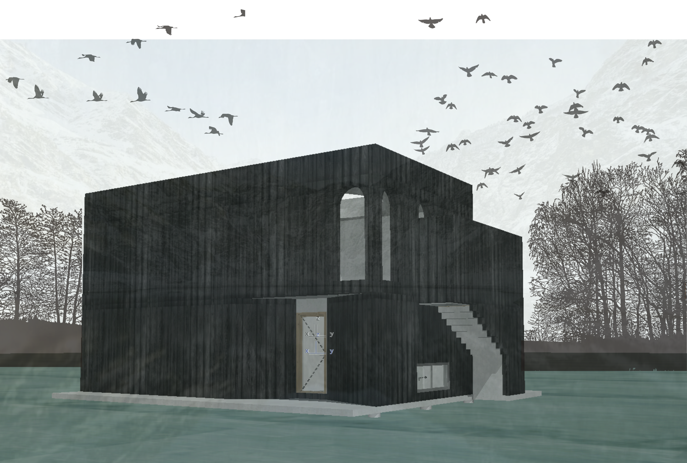 Digital rendering of a modern, dark wood house with large windows, situated on a body of water, surrounded by trees, with a mountain range in the background and birds flying overhead.