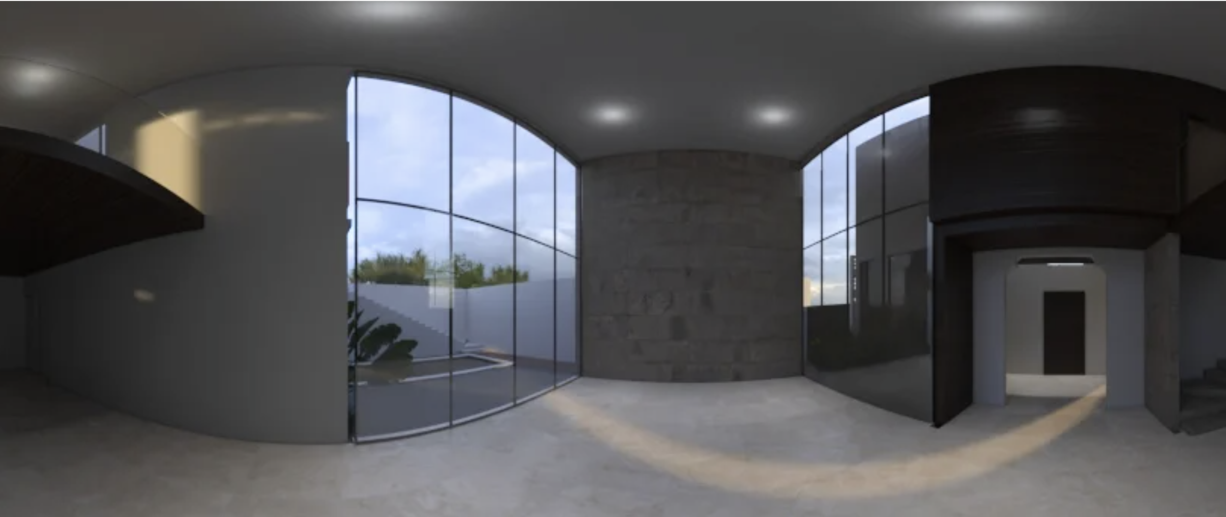 Interior of a modern building with large floor-to-ceiling glass windows, a concrete wall, and a ceiling with embedded lights.