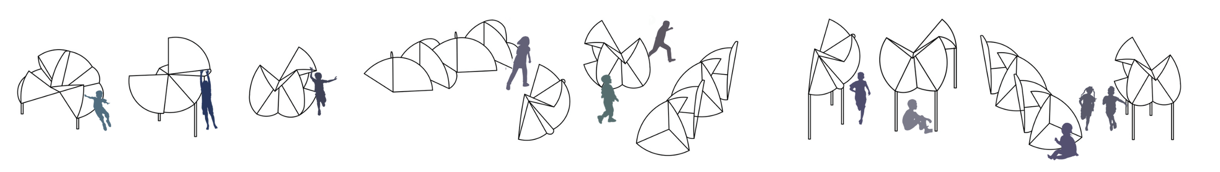 Line drawing of children and adults playing on playground equipment involving climbing structures and slides.