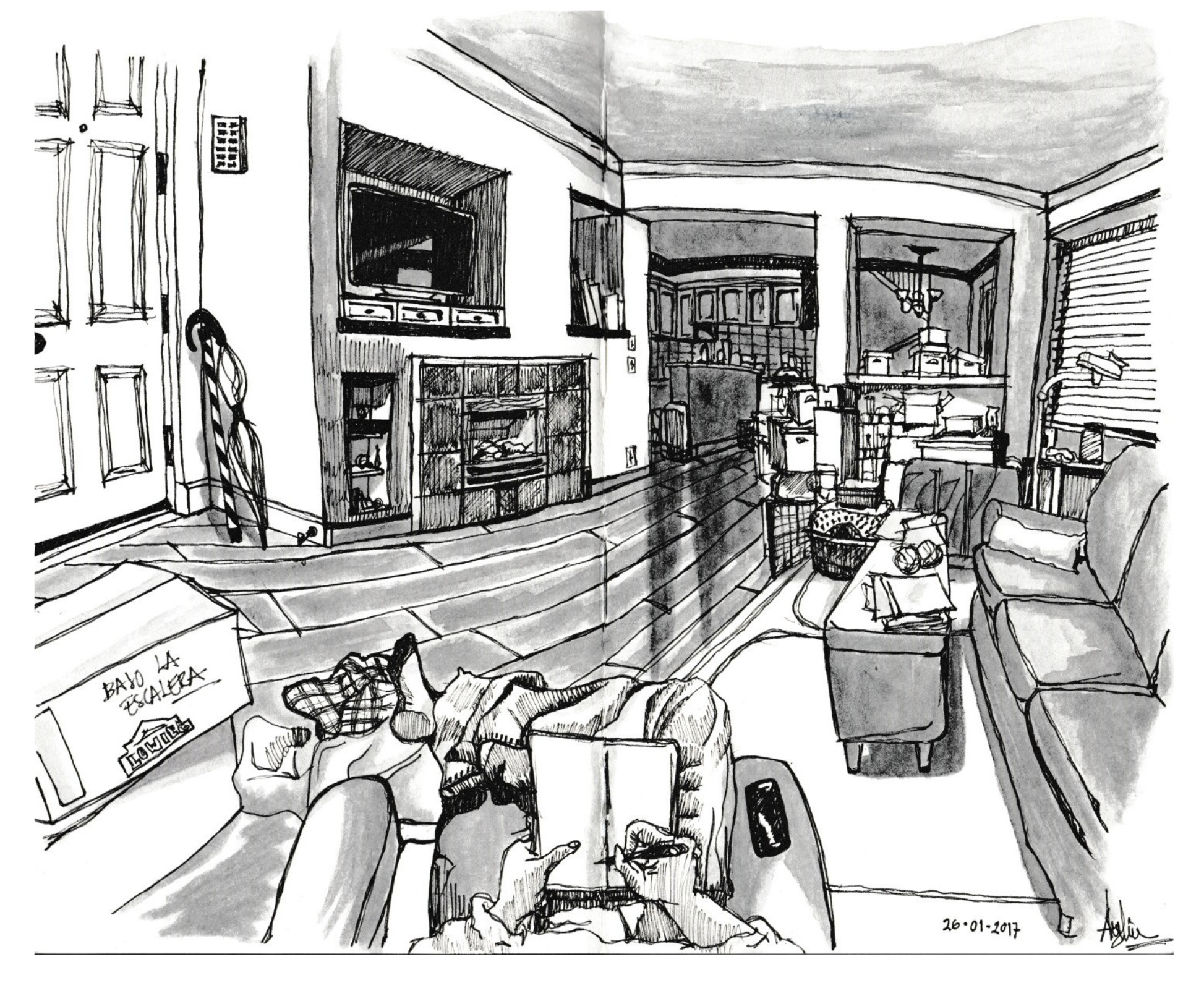 A black and white sketch of a cluttered living space with furniture, boxes, and household items, viewed from a person sitting or lying down.