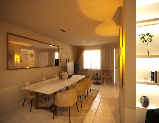 A dining room with a large marble table, six yellow upholstered chairs, a wall mirror, modern pendant lighting, and a window with curtains, next to a brightly lit white shelving unit with decorative items.
