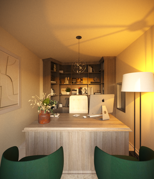 Home office with a wooden desk, a desktop computer, and green chairs, situated in front of a bookshelf and illuminated by warm lighting.