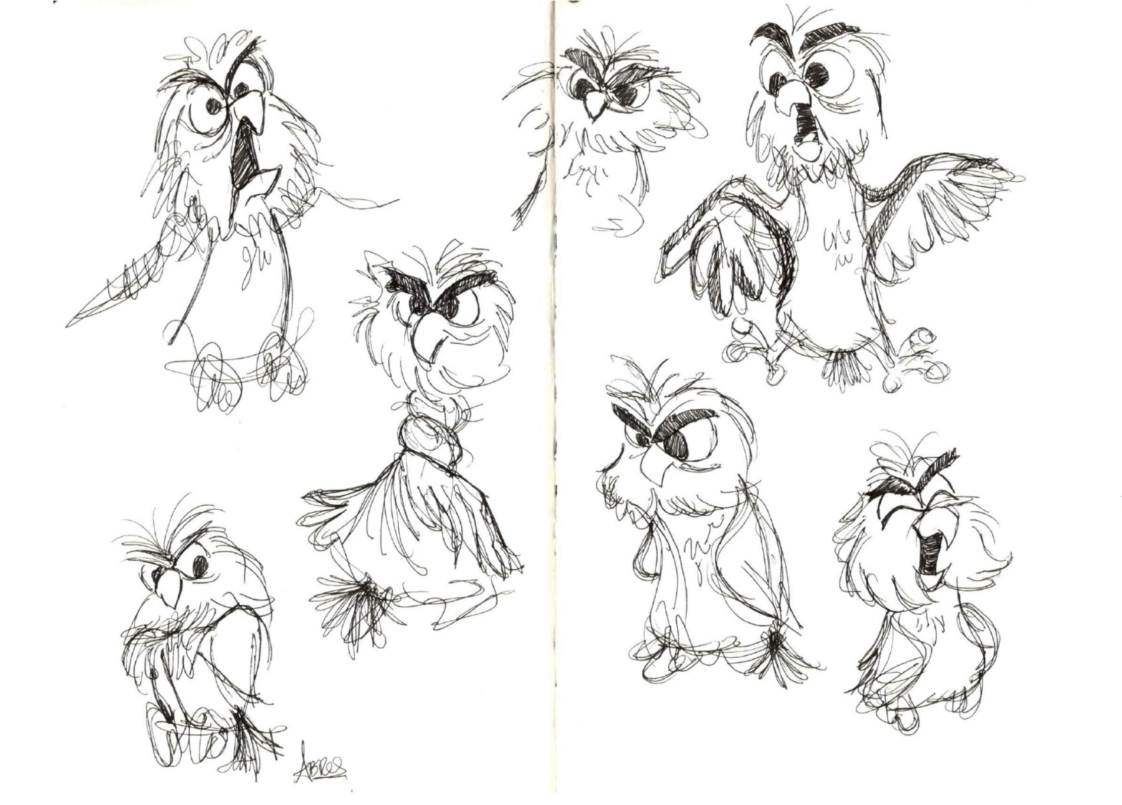 A collection of black ink sketches of cartoonish, expressive owls with large eyes, beaks, and feather details, drawn on a white background.