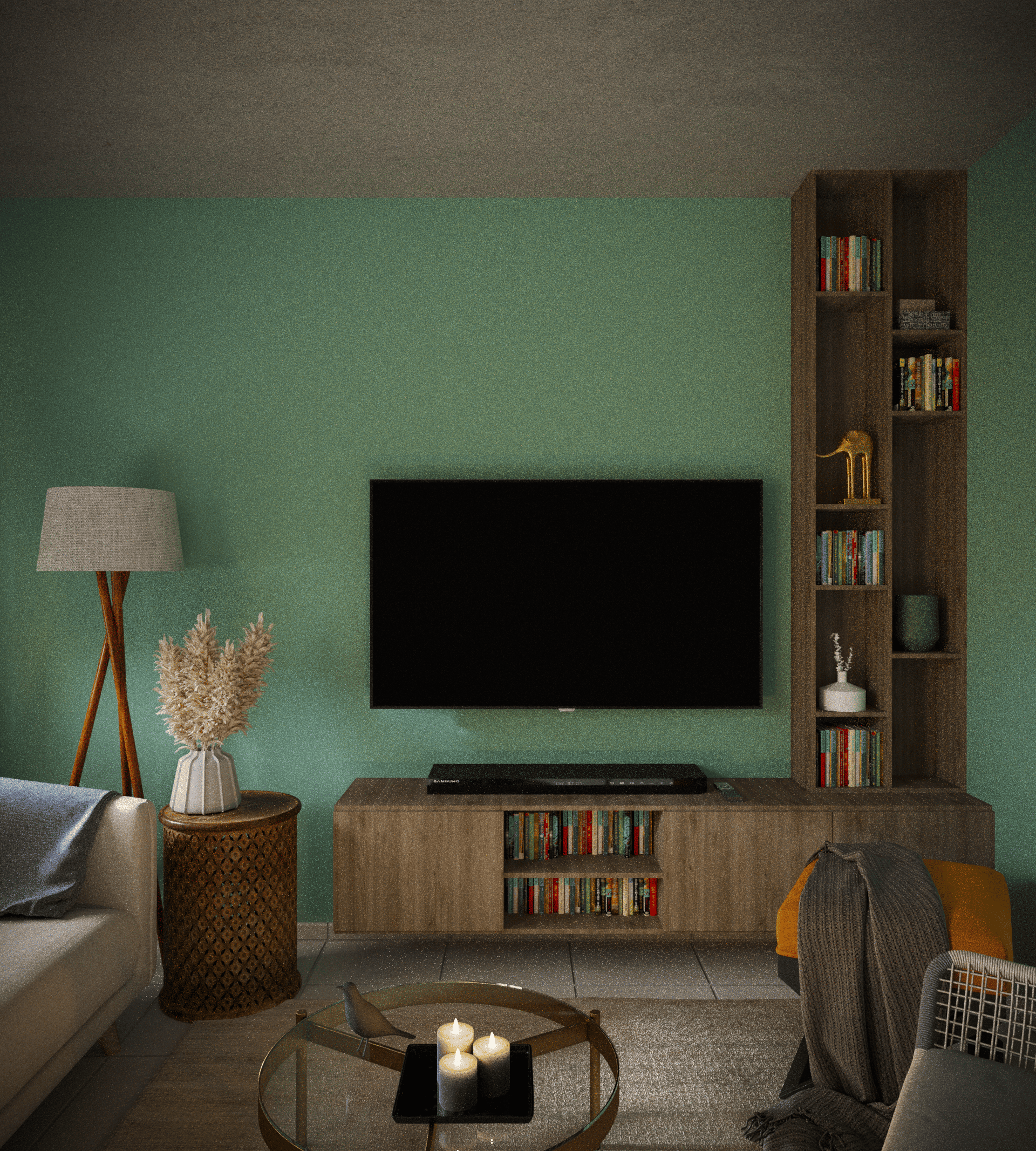 Living room with a green wall, wooden bookshelf filled with colorful books, a wall-mounted TV, a beige sofa with cushions, a wooden side table with a vase of dried flowers, a floor lamp, and a glass coffee table with white candles.
