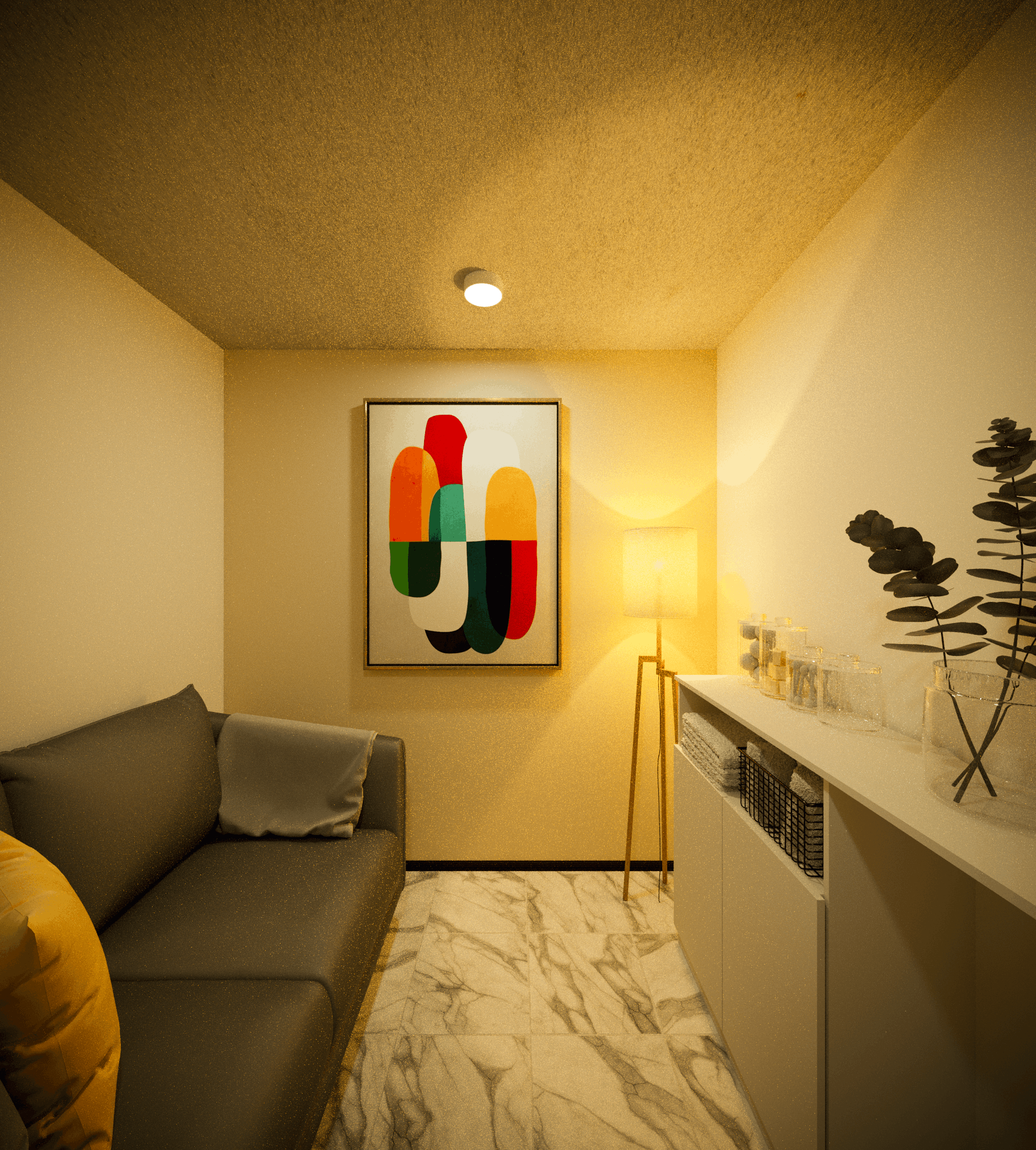 A decorated living room corner featuring a grey sofa with yellow pillows, abstract art with multicolored shapes on the wall, a tall lamp, and a white console table with glassware and a leafy plant, illuminated by warm lighting.