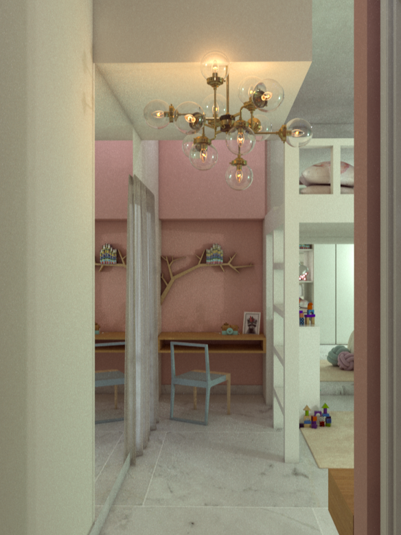 Interior view of a children's bedroom with a pink accent wall, a unique branch-shaped wall shelf, and toys. A chandelier with multiple round glass bulbs hangs from the ceiling.