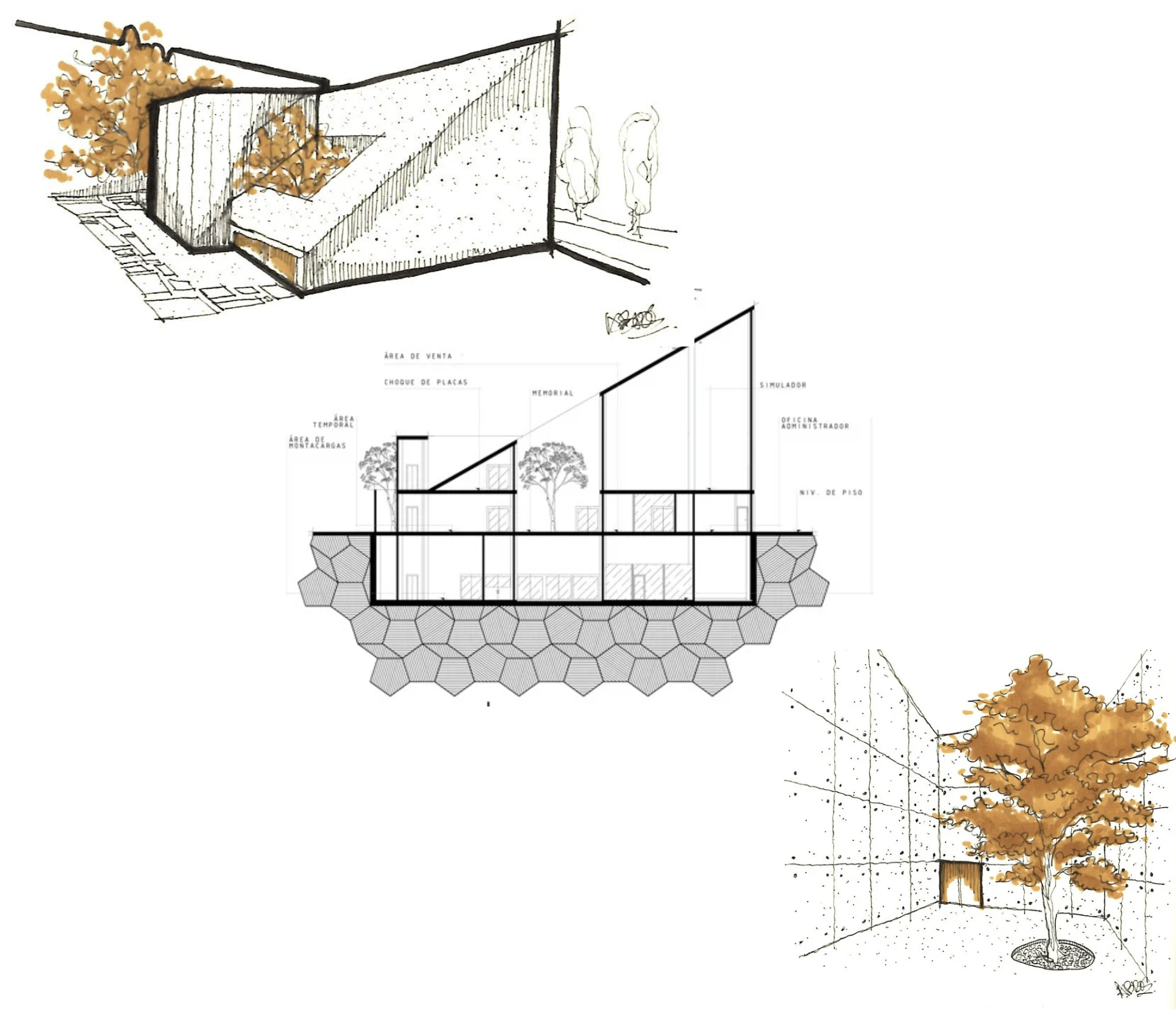 Architectural drawings of a modern building showing exterior and interior views with landscaped surroundings and trees.