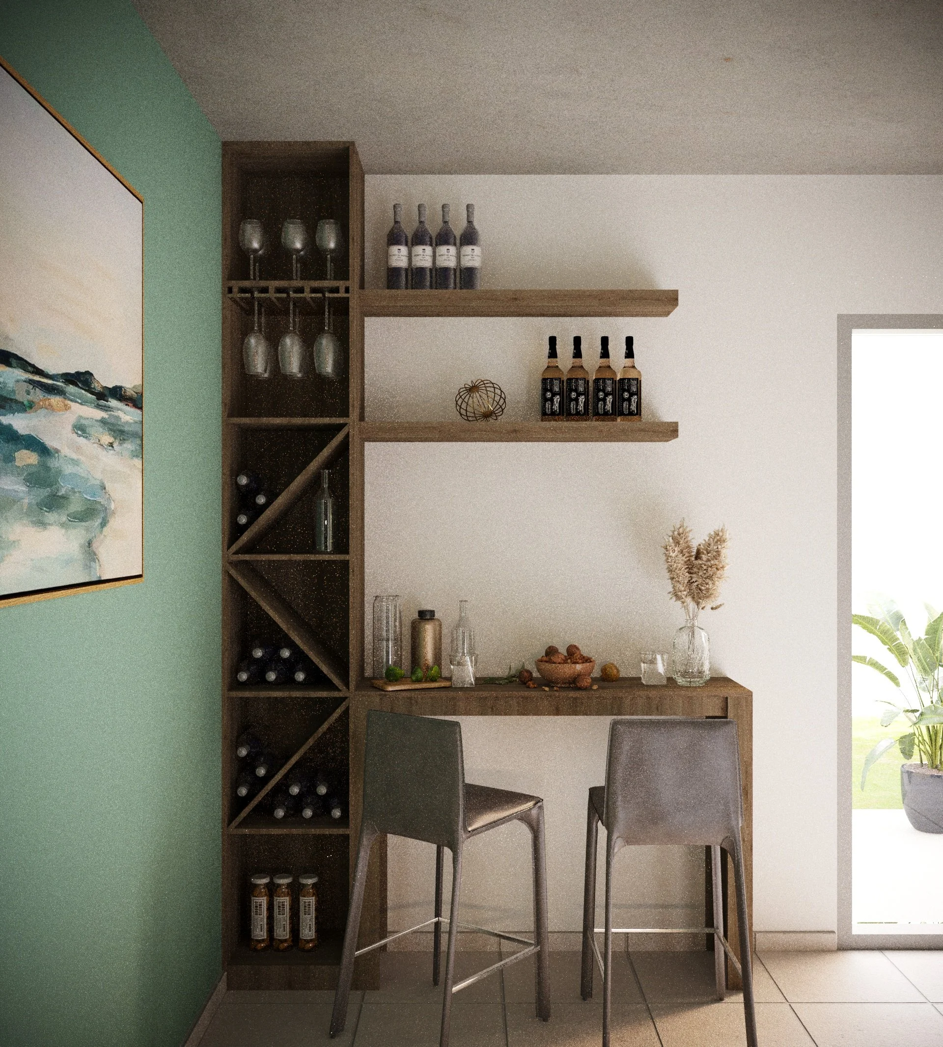 A cozy kitchen corner with a wooden wine rack and shelves holding wine bottles, glasses, spices, and decorative items. There is a dining table with chairs, a potted plant, and artwork on a green accent wall.