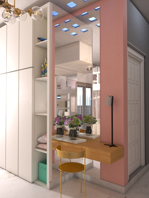 Decorative interior with a pink wall, a large mirror, a wooden desk with flowers, a yellow chair, and built-in white shelves, ceiling with blue square panels, and a white door.