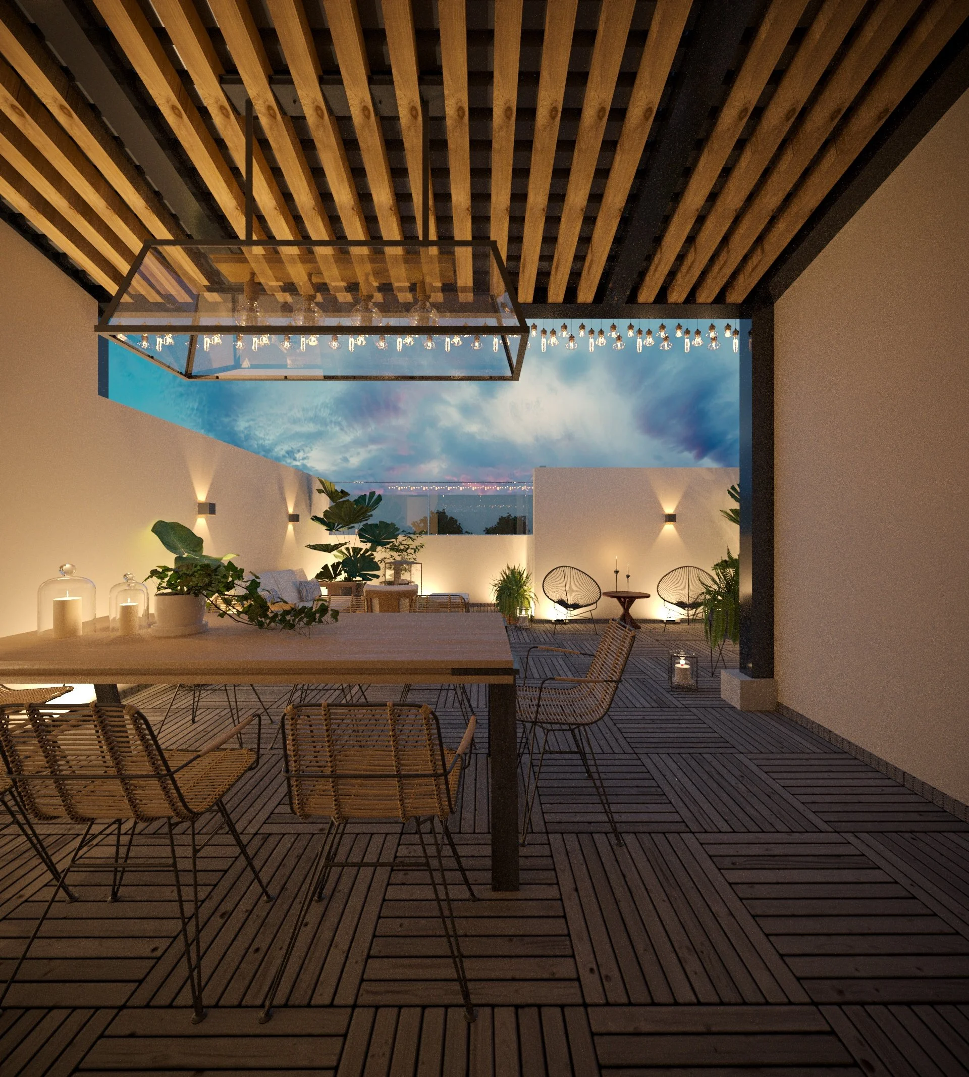 A modern outdoor patio with wooden slat ceiling, string lights, and minimalistic furniture including chairs, plants, and candles.