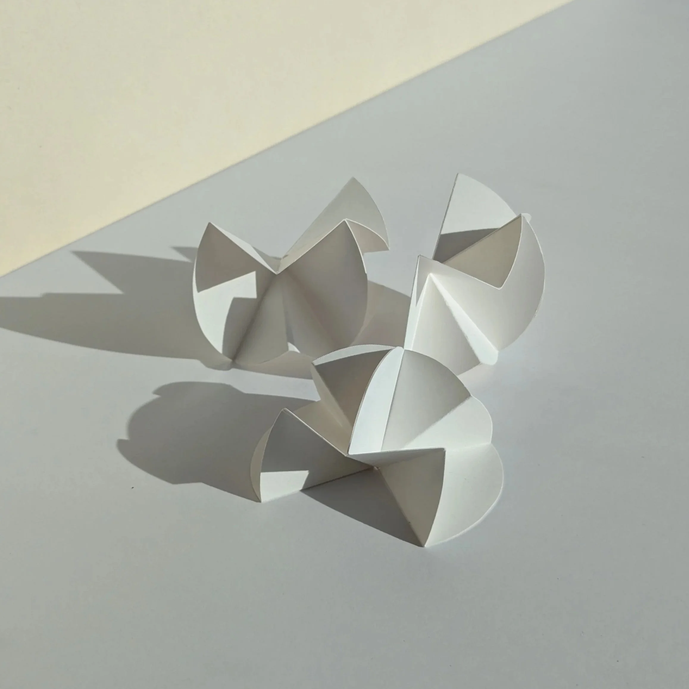 Folded white paper origami flowers on a white surface with a shadow cast by the flowers.