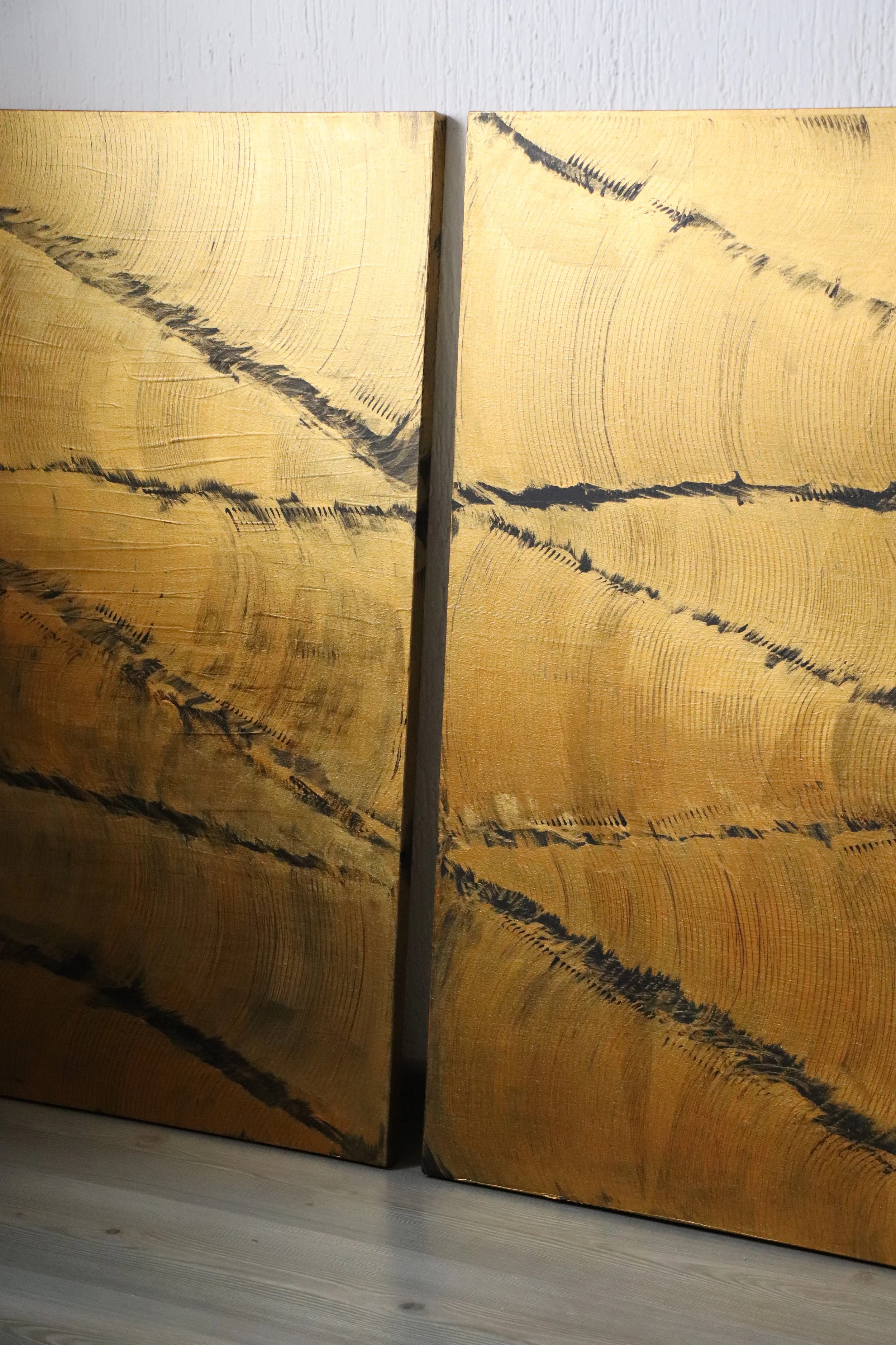 Close-up of two wooden panels with visible tree rings and dark grain patterns against a white wall and gray wooden floor.