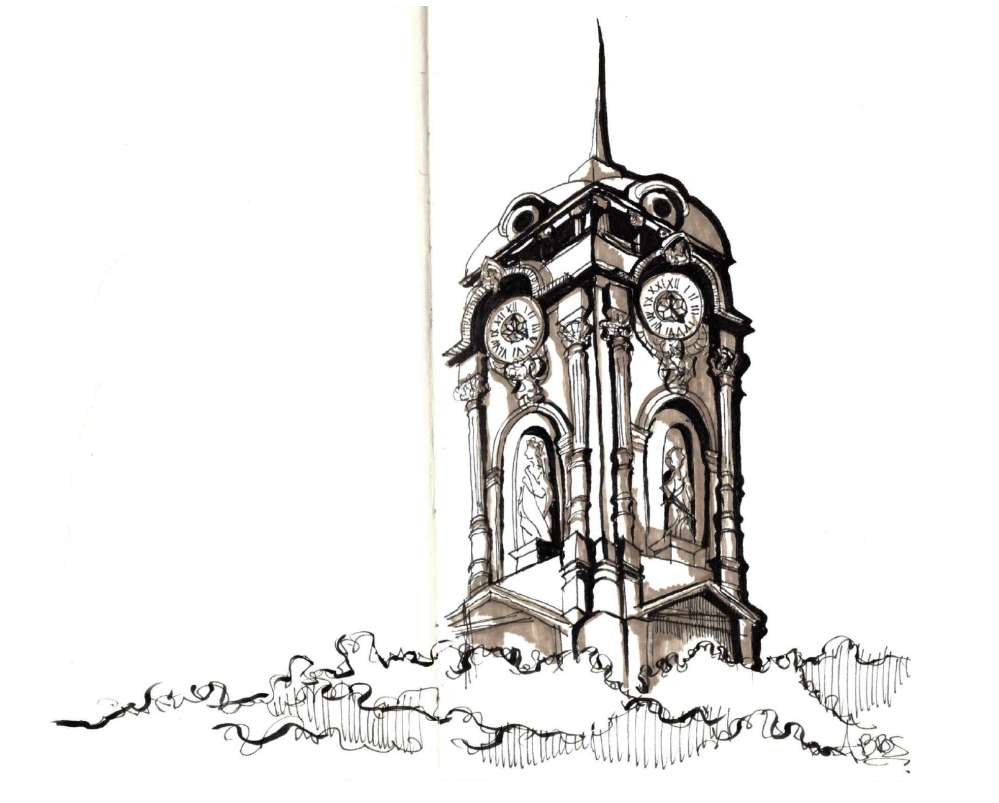 Sketch of a clock tower with ornate details and a spire on top.