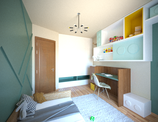 Child's bedroom with teal geometric wall, white ceiling, wooden door, modern black chandelier, bed with gray and white bedding, plush toy, white furniture, and colorful storage shelves.
