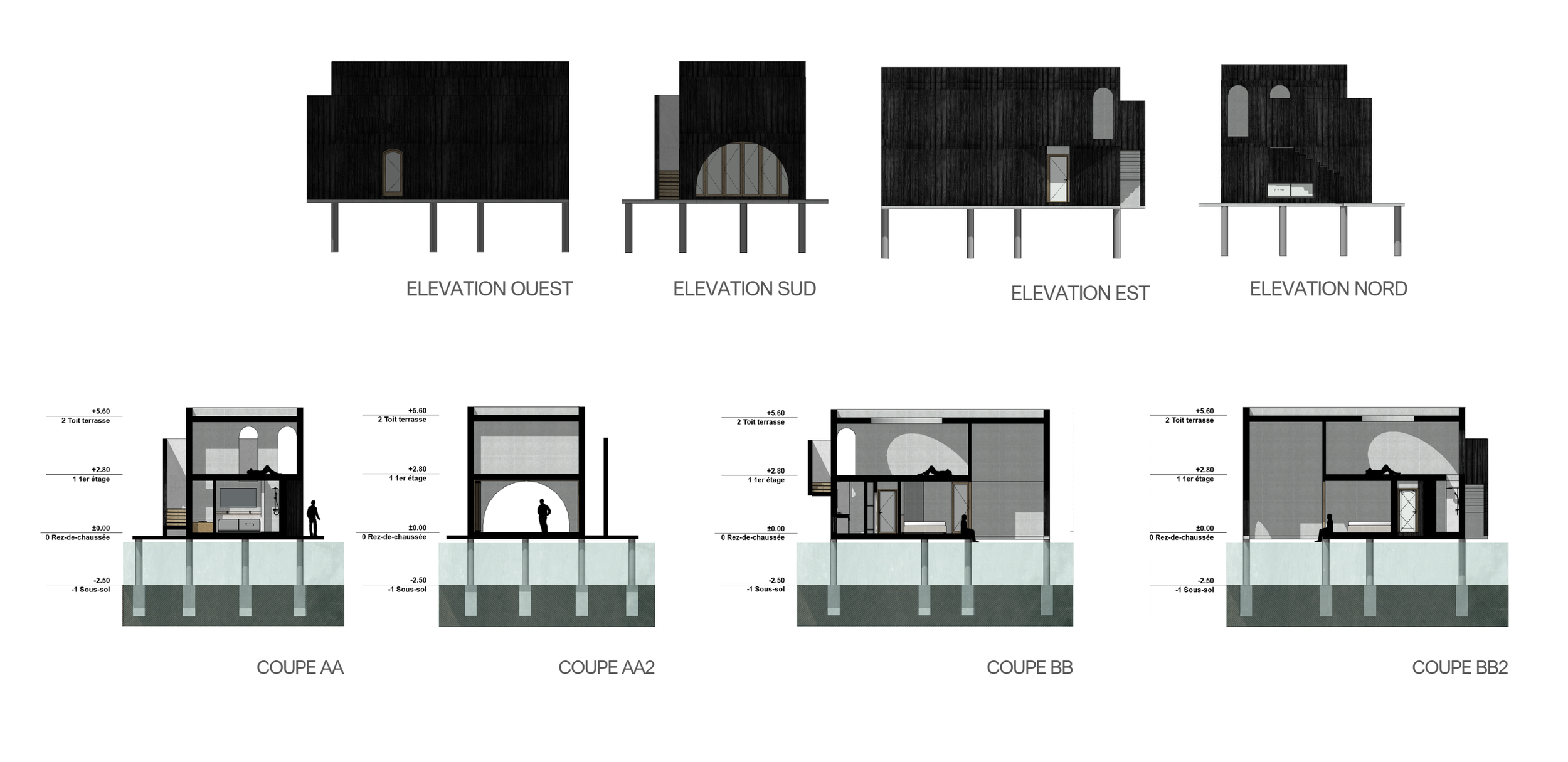 Architectural elevation and sectional drawings of a modern house, showing four exterior views labeled East, West, South, and North, with corresponding cross-sections revealing interior layouts across three floors.