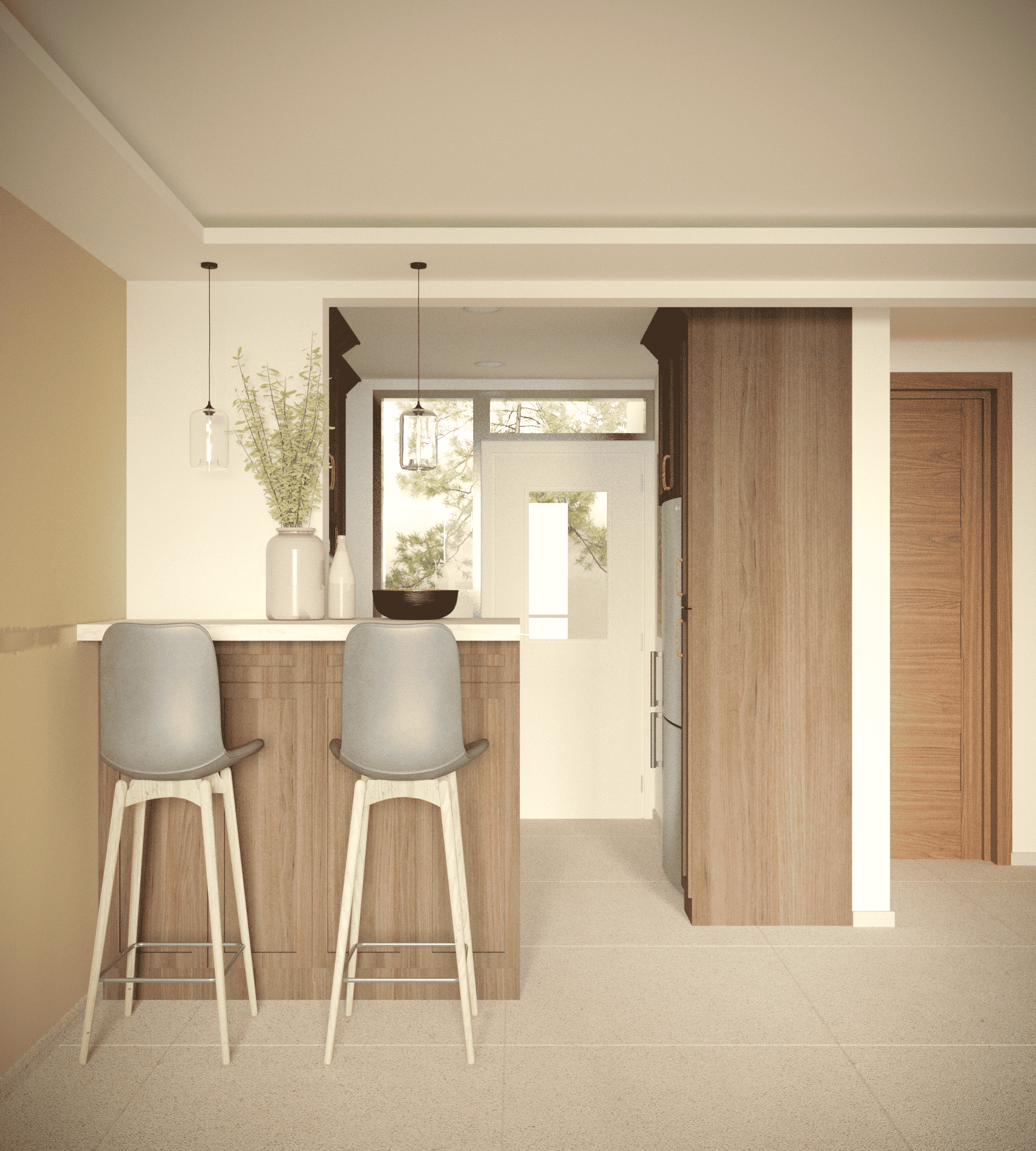 Kitchen with a beige wall, wooden cabinets, a white countertop, two bar stools, hanging pendant lights, decorative vases, and a window with trees visible outside.