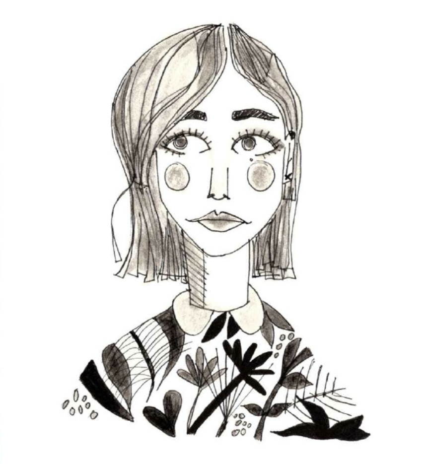 A black and white hand-drawn portrait of a woman with shoulder-length hair, large eyes, full lips, and noticeable eyebrows, wearing a patterned top with floral and leaf designs.