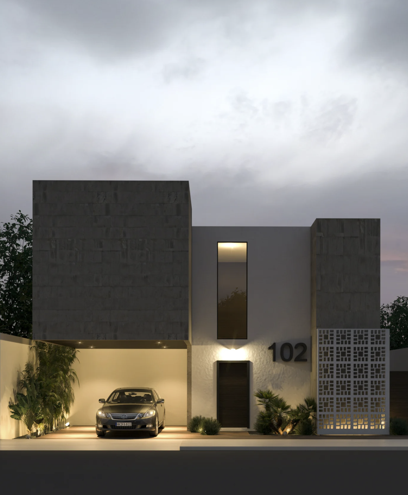 Modern two-story house with gray concrete walls, a vertical window, and a car parked in the garage, illuminated by exterior lighting, with the house number 102 visible.