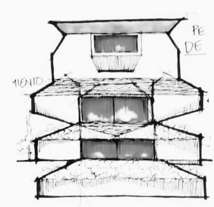 Architectural sketch of a multi-story house with labeled sections.