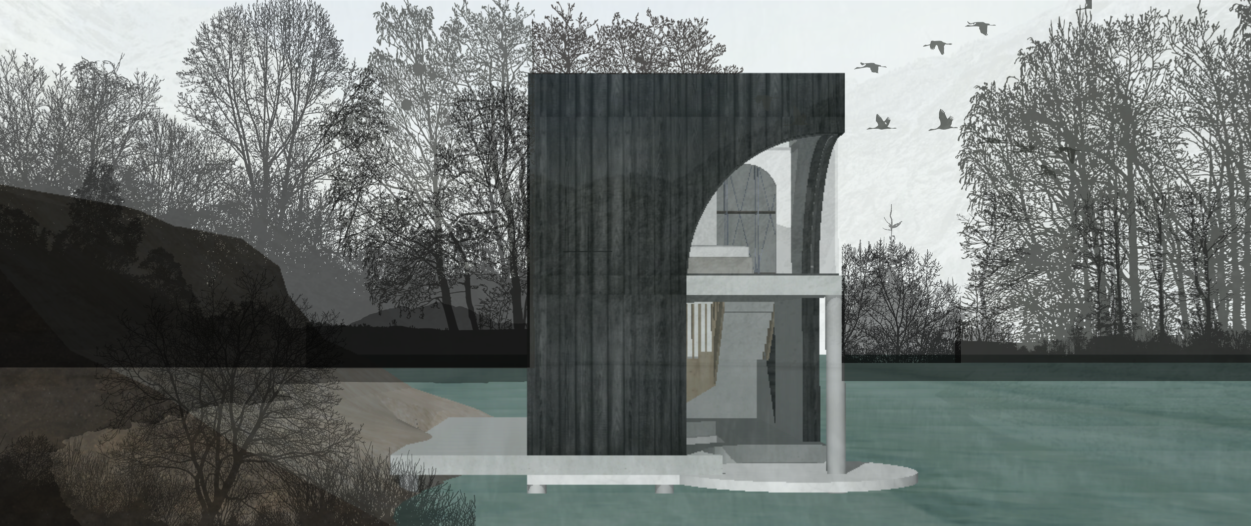 Architectural drawing of a modern house with concrete and dark wood exterior, situated by a body of water with surrounding trees and a mountain in the background, birds flying overhead.