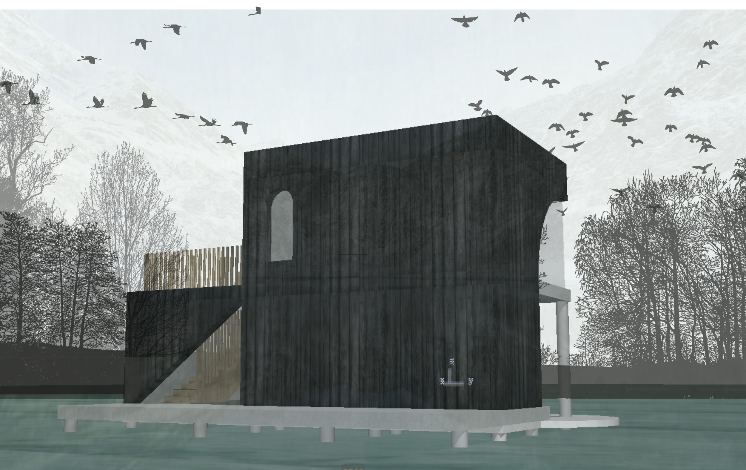 A digital rendering of a modern house on stilts over water, surrounded by leafless trees and a cloudy sky, with a flock of birds flying overhead.