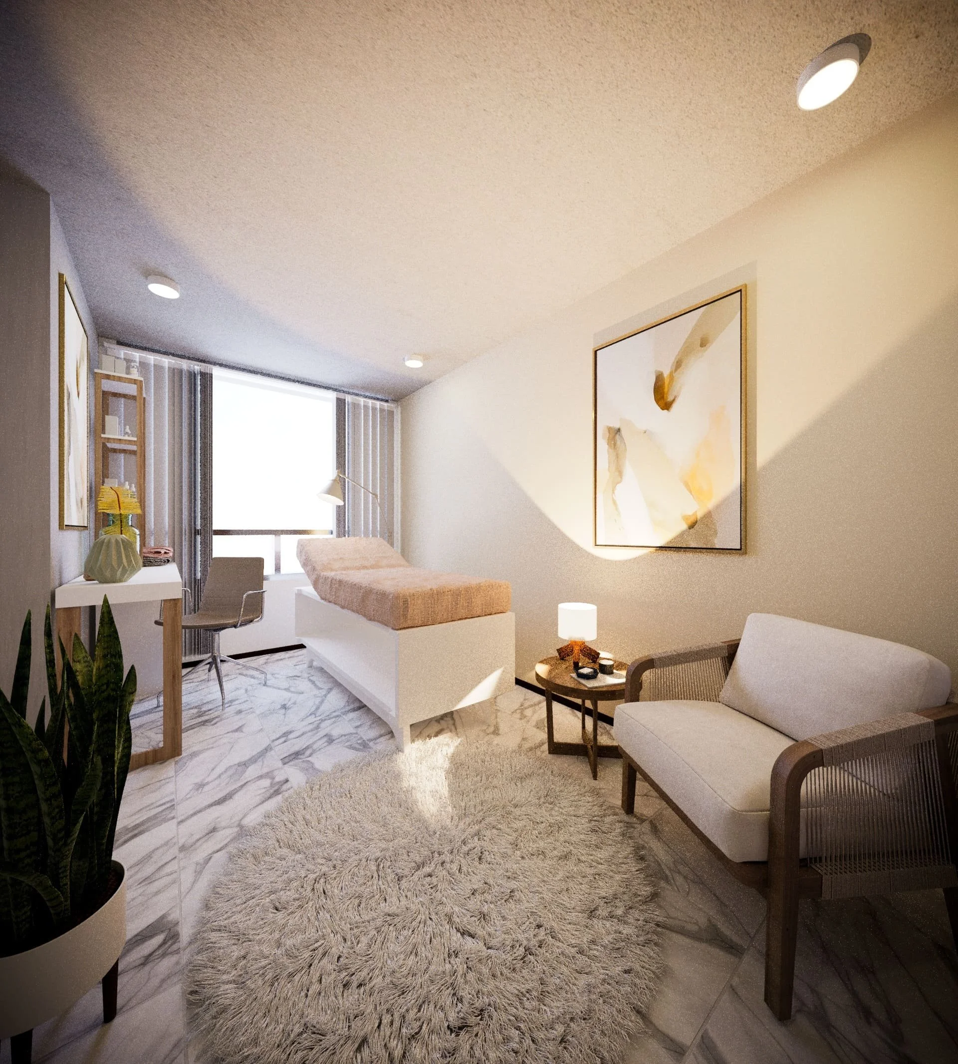 A cozy, well-lit living room with modern decor, featuring a plush shaggy area rug, a white couch, a small round table with a lamp, wall art, large window with vertical blinds, potted plants, and minimalistic furniture.
