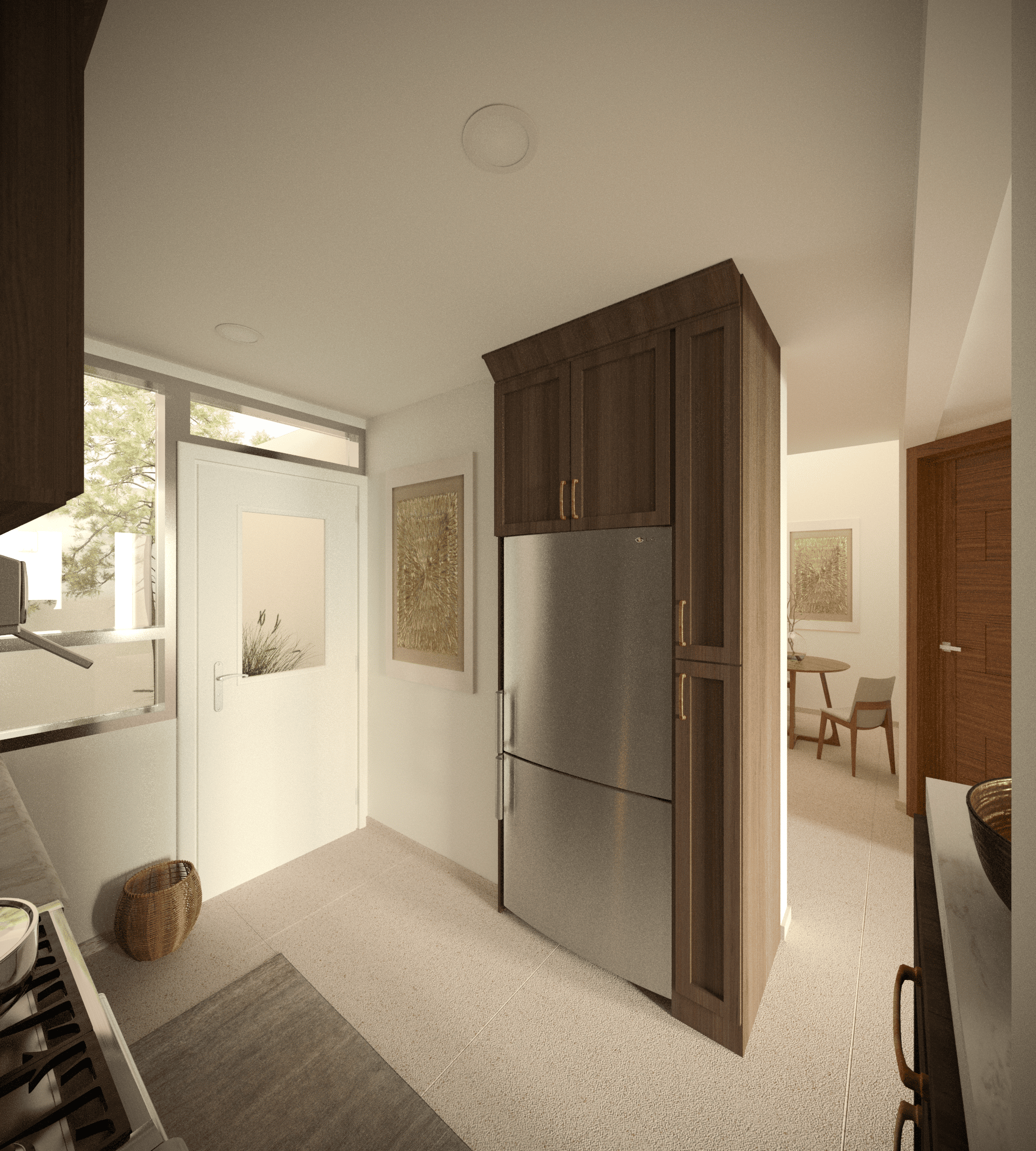Kitchen area with wooden cabinets, an open door, a window with a view of trees, a basket, and a tiled floor.