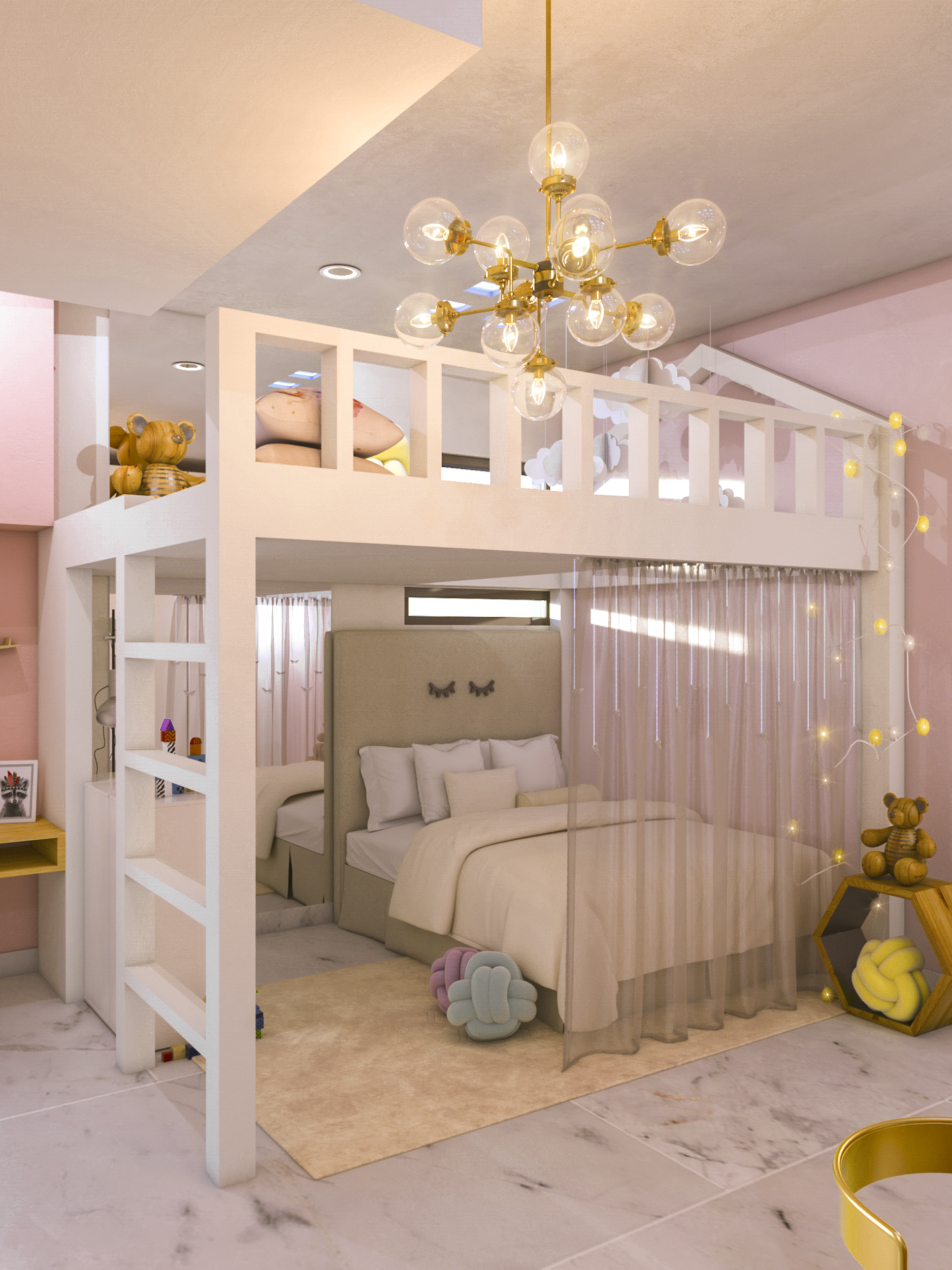 A bedroom with a loft bed, featuring a small bed underneath with a headboard decorated with closed eye designs. The room has pink walls, a golden chandelier hanging from the ceiling, and a sheer pink curtain partitioning the space. Teddies and other decorative items are placed on the loft and around the room, with a soft beige rug on marble flooring.