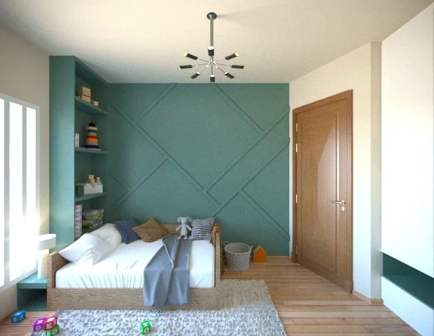 A bedroom with a teal accent wall, a bed with white bedding and pillows, a beige throw blanket, a wicker bed frame, built-in shelves with decorative items, a white rug, and a wooden door.