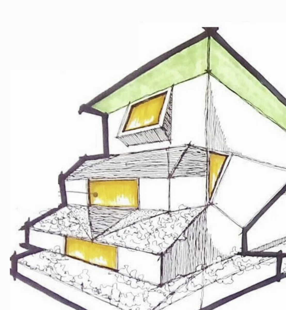 Hand-drawn architectural sketch of a modern multi-story house with green, white, and yellow accents.