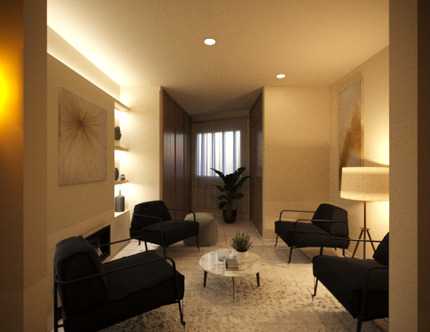 A modern living room with four black armchairs around a central coffee table, with a large plant in the background and artwork on the walls.