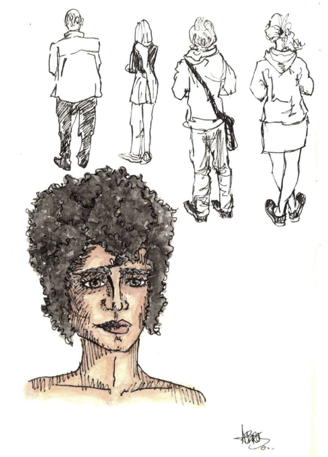 Sketch of five people from behind, and a detailed drawing of a woman with curly hair in front.