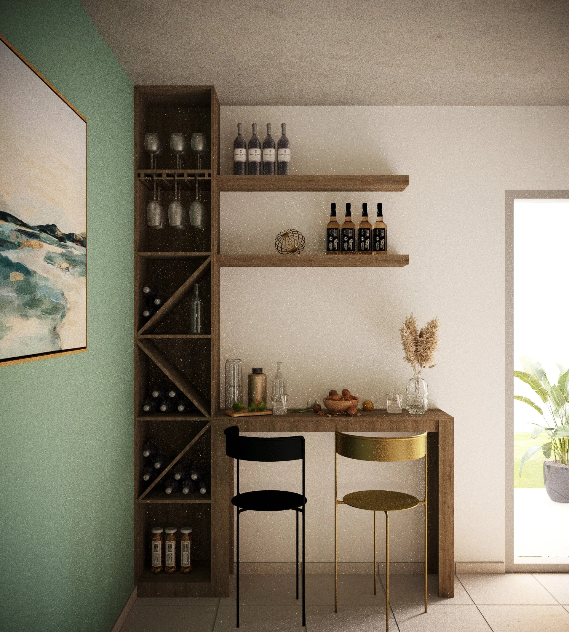 Interior view of a kitchen or dining area with a built-in wine rack, glass storage, and shelves holding bottles, jars, and decorative items. A black chair and a small round yellow table are in front of the shelves. The room has a green accent wall on the left, a painting, and a window on the right letting in natural light.