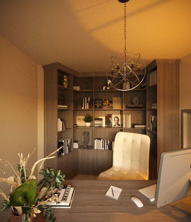 Home office with a wooden bookshelf, a cream-colored chair, a desk with a computer, a plant, and a chandelier.