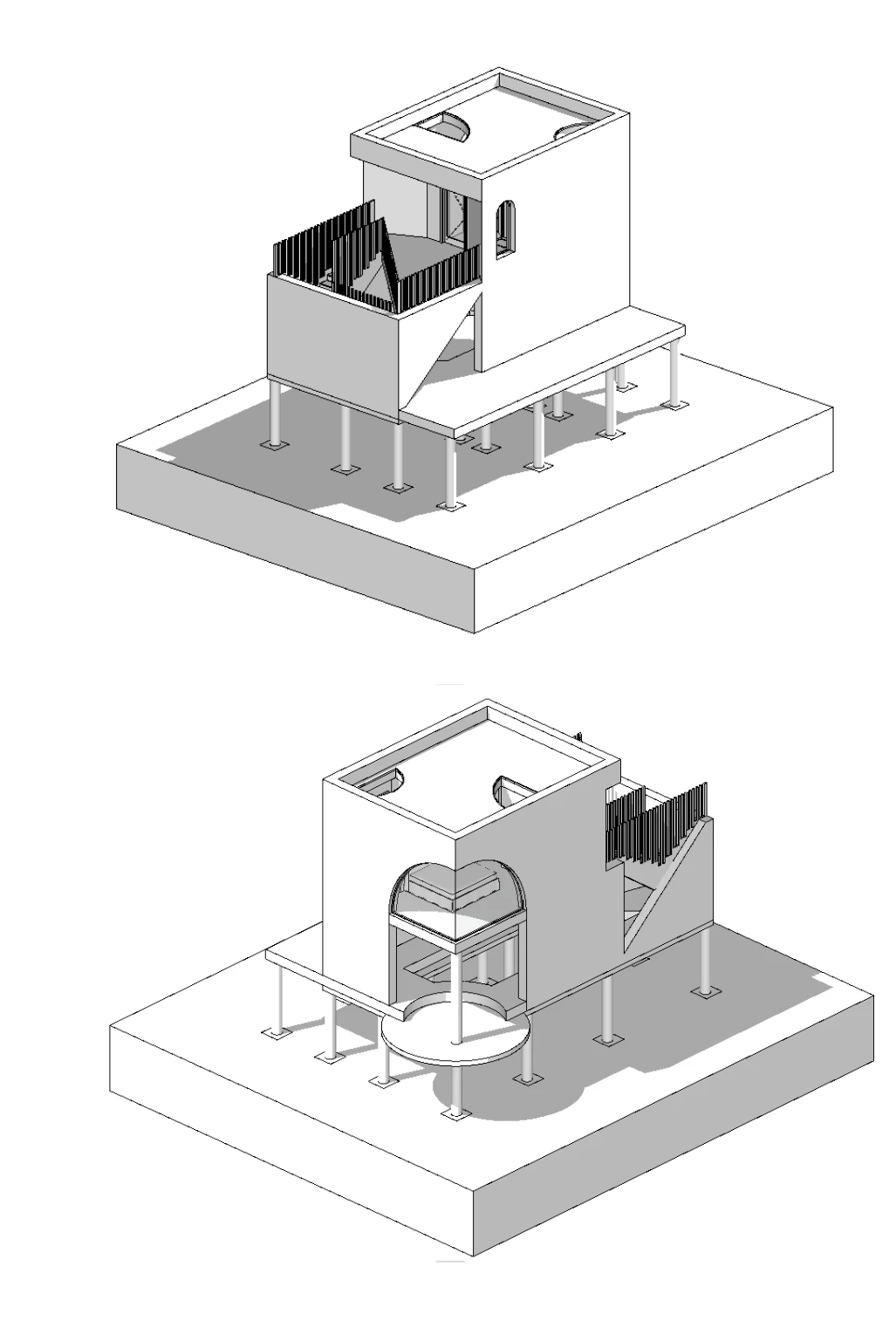 Two 3D architectural models of a modern building on a raised platform. The models show different angles, highlighting features such as a rooftop terrace, small windows, and interior layouts with distinct exterior design elements.